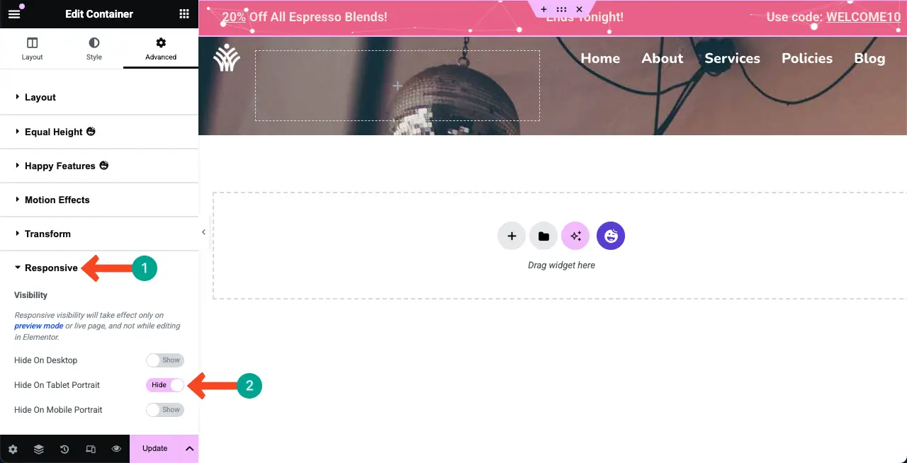 Comment ajouter une barre supérieure dans WordPress avec Elementor 12 Hide the Top Bar on a Device Type