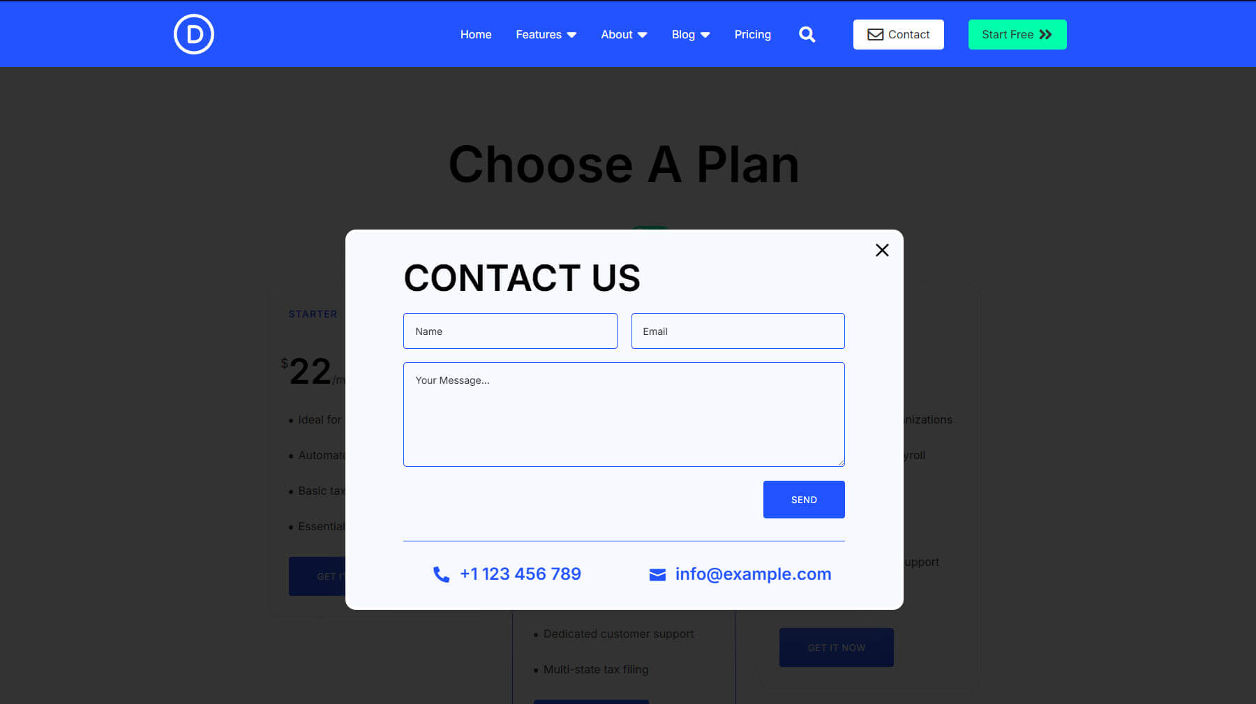 Exemplu de aspect pop -up de contact formularul de contact