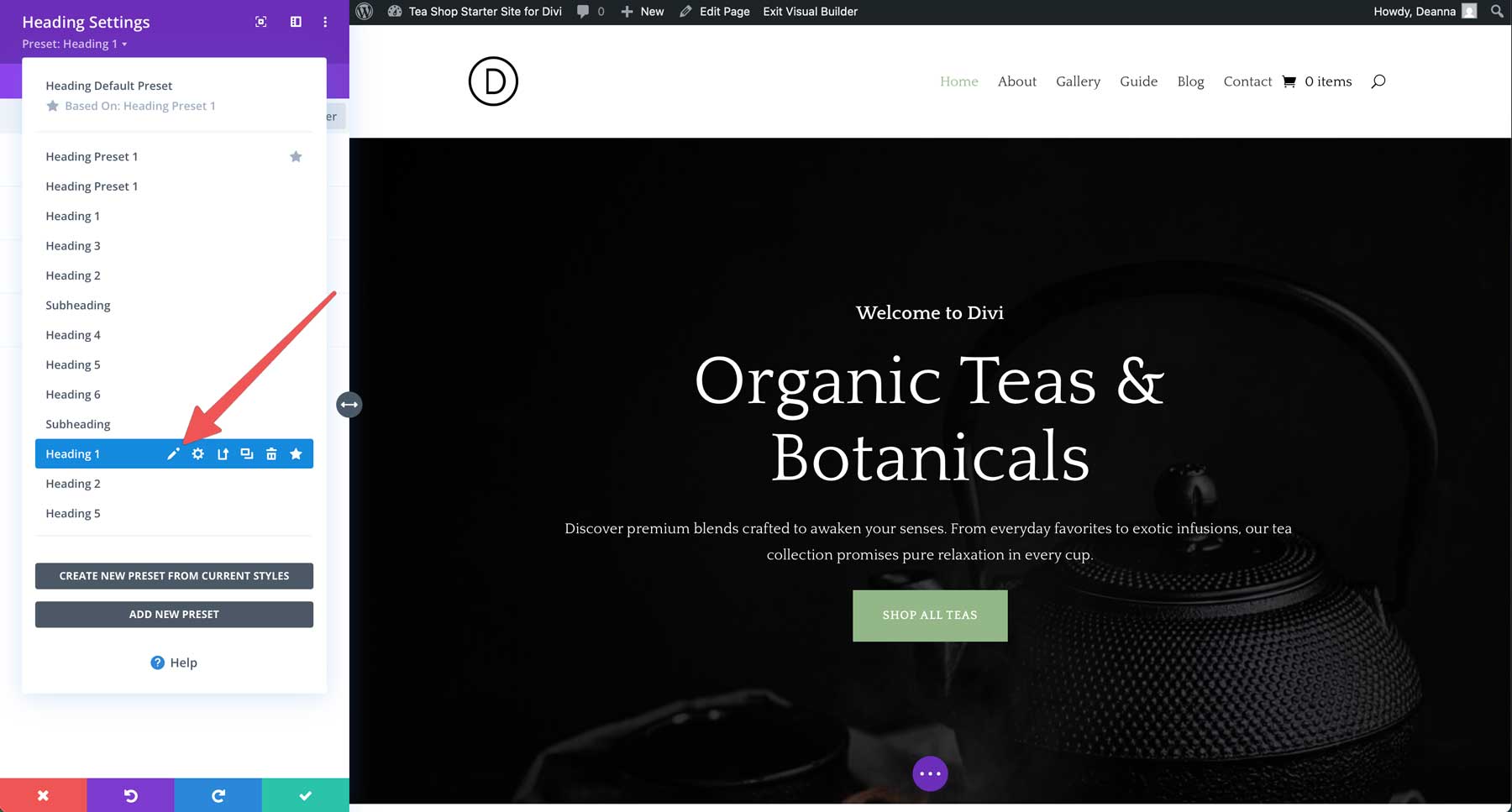 Site de partida para loja de chá para divi