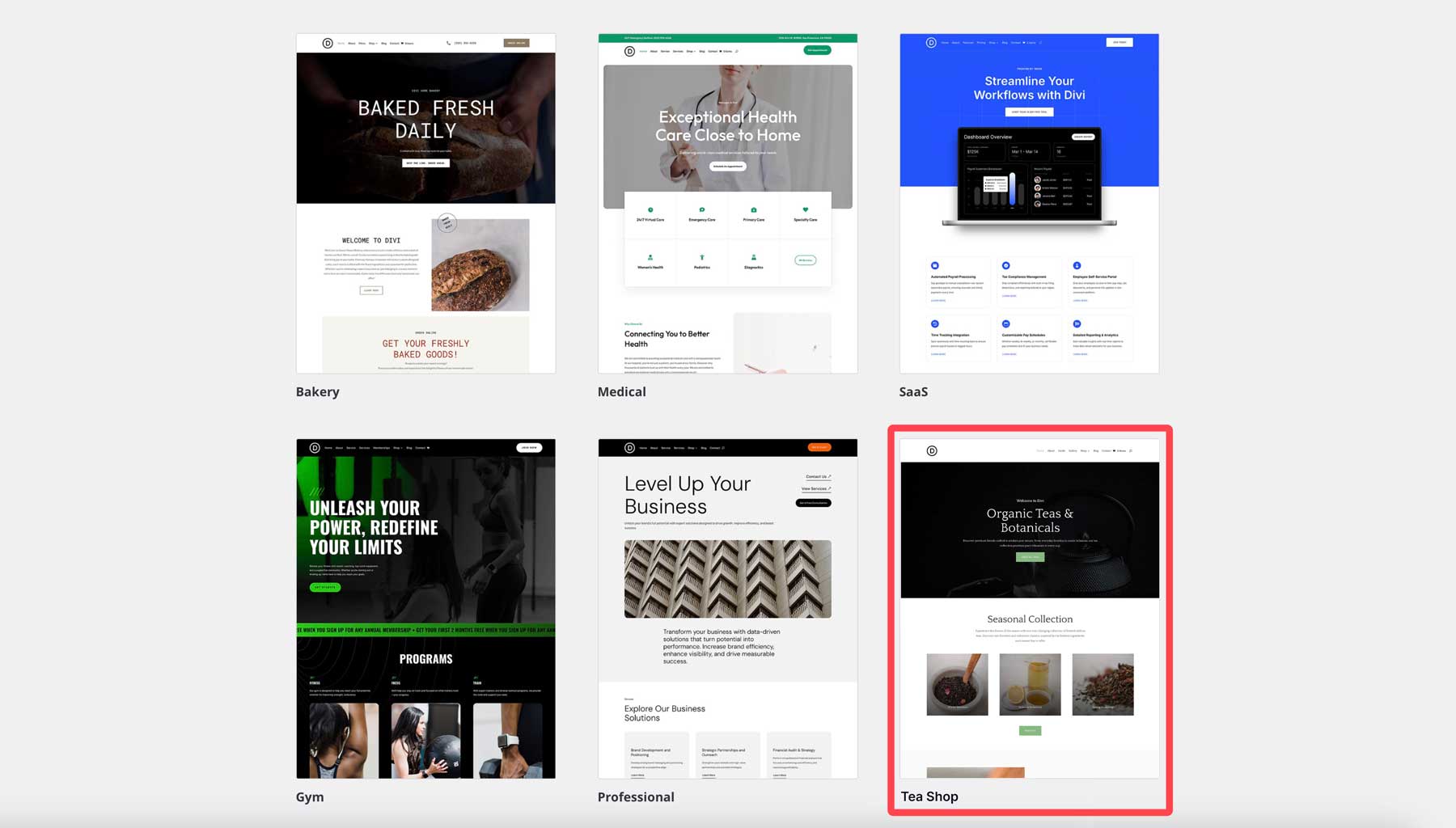 Site de partida para loja de chá para divi