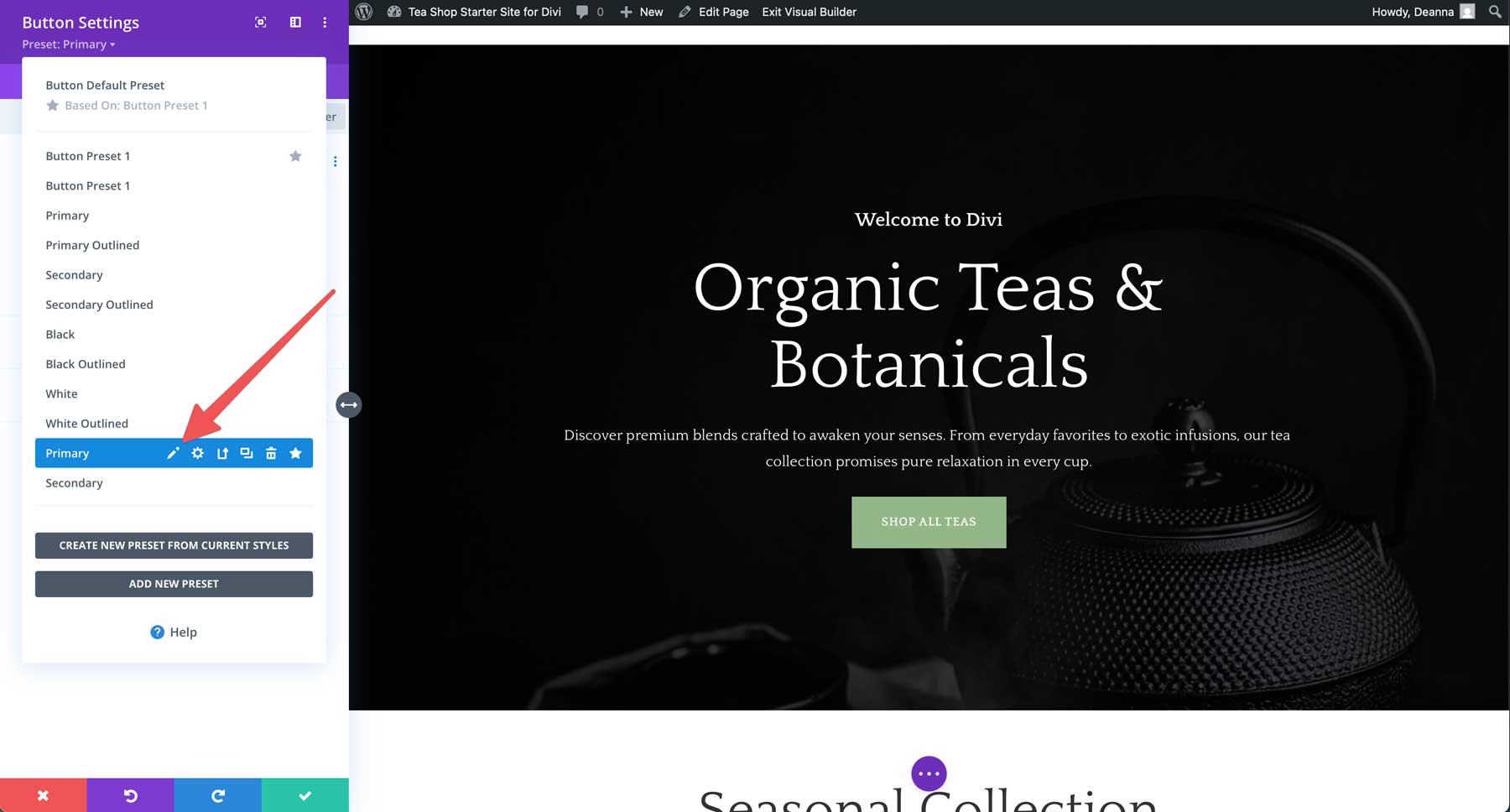 Site de partida para loja de chá para divi