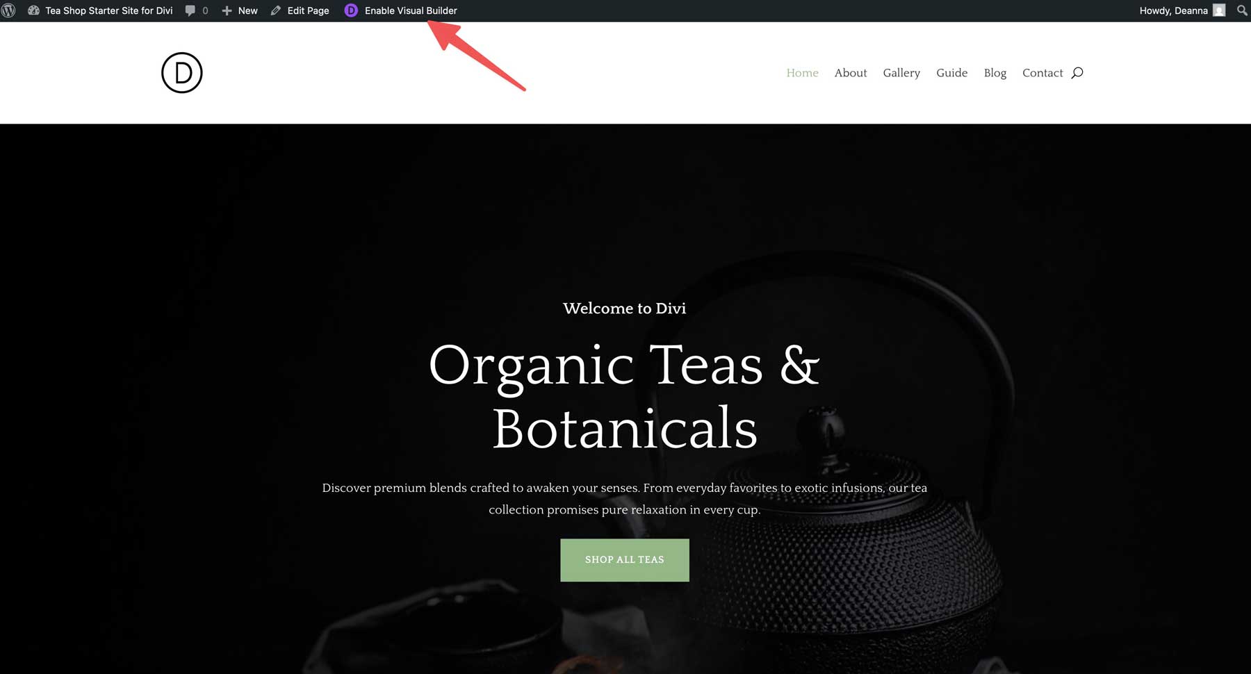 Site de partida para loja de chá para divi