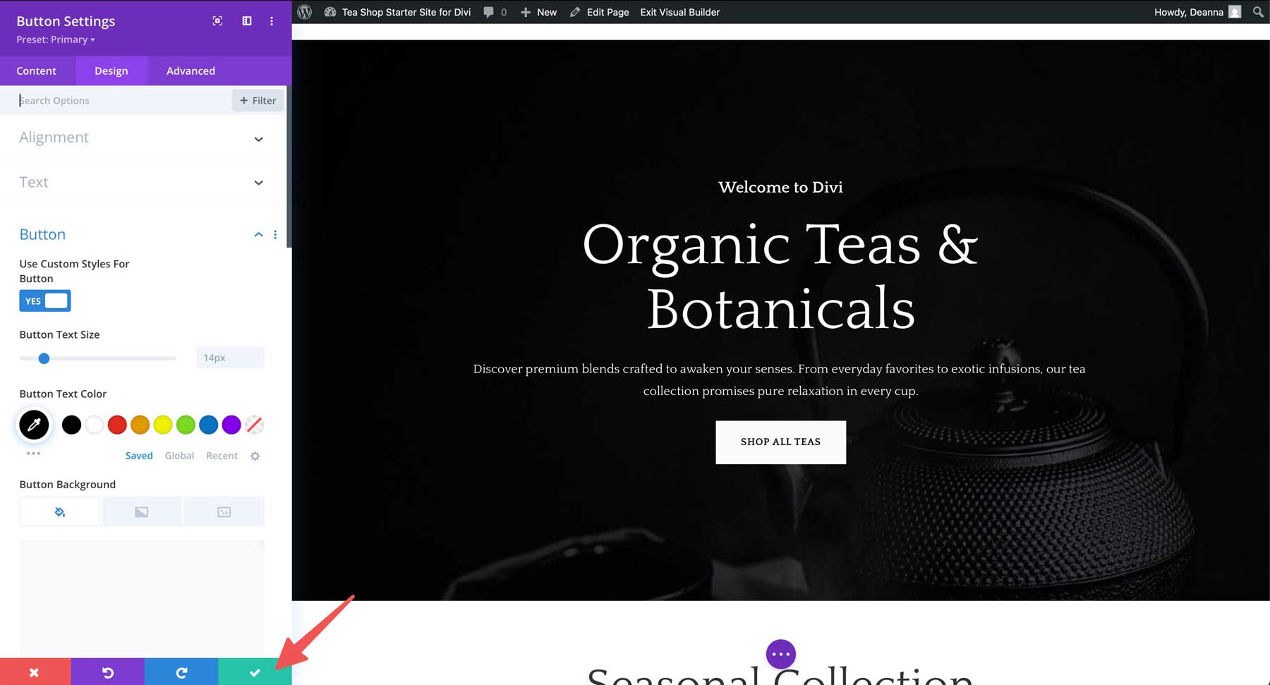 Site de partida para loja de chá para divi