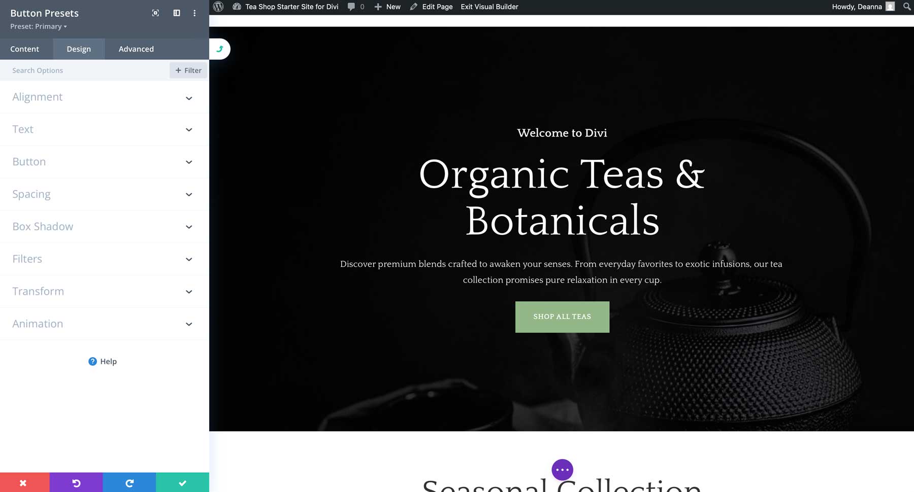 Site de partida para loja de chá para divi