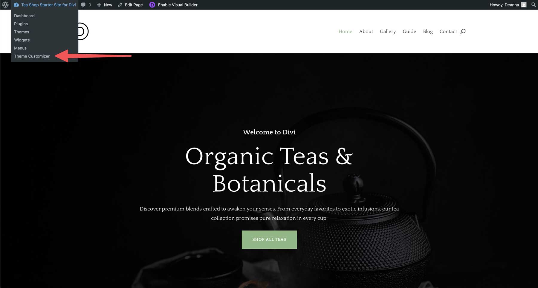 Site de partida para loja de chá para divi