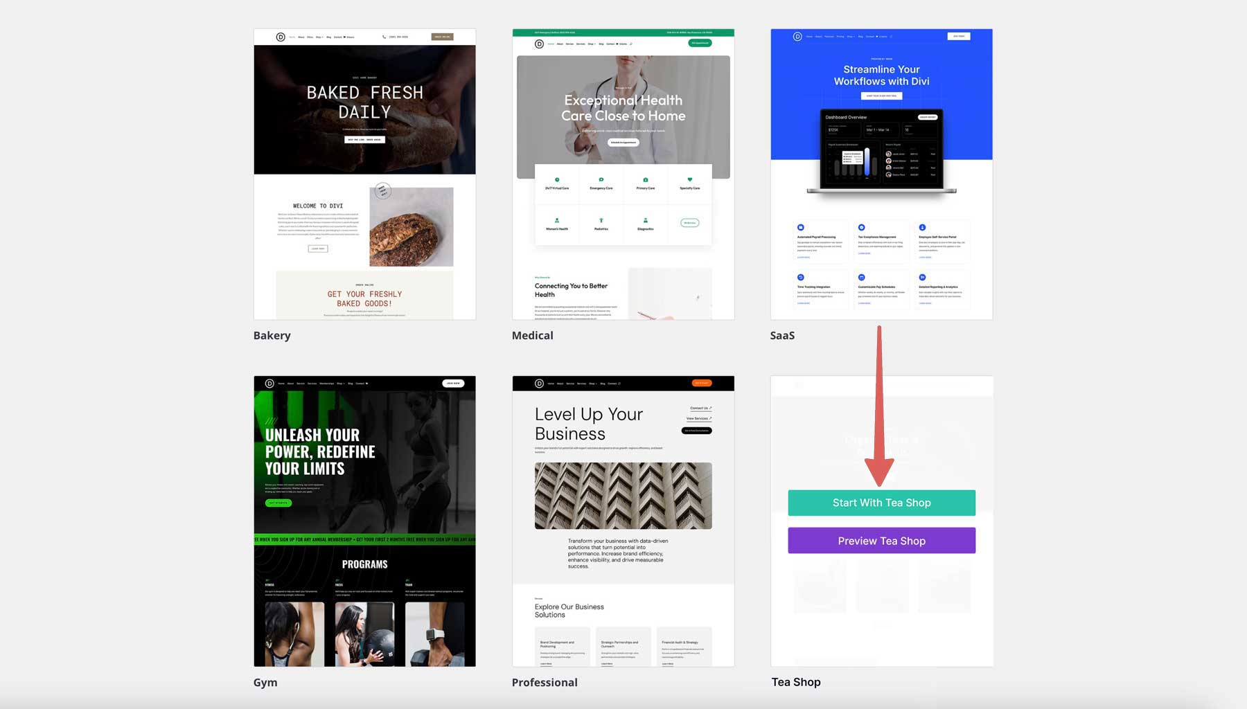 Site de partida para loja de chá para divi