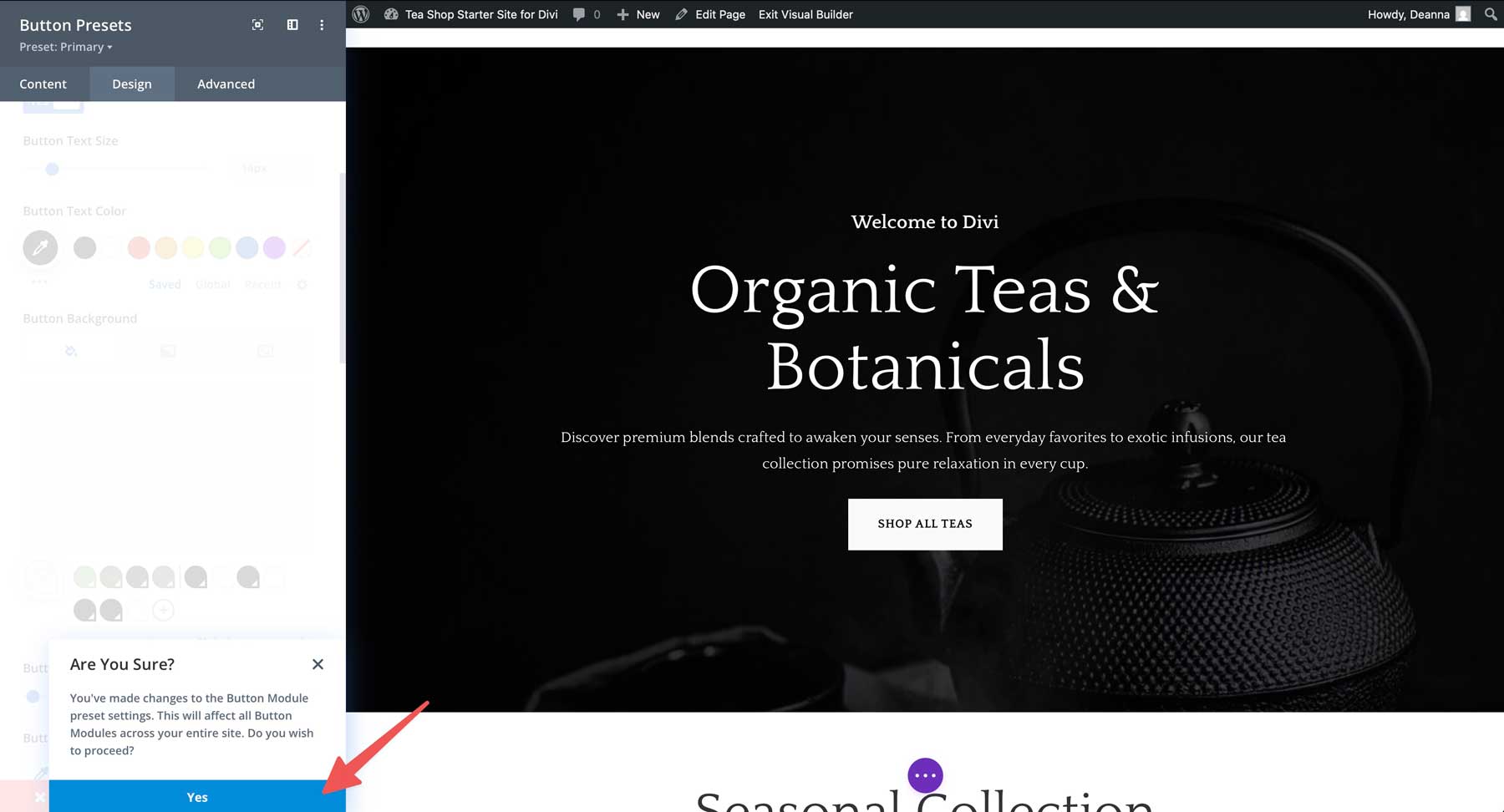 Site de partida para loja de chá para divi