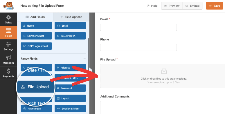 Datei -Upload -Formularfeld in WPForms - ISITWP - kostenloser WordPress -Themendetektor file upload form field in WPForms