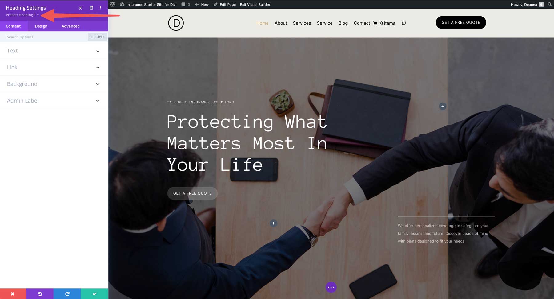 Sito di avviamento assicurativo per Divi