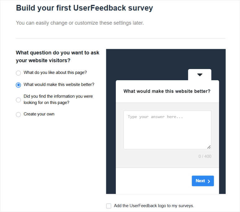 userfeedback first survey wizard