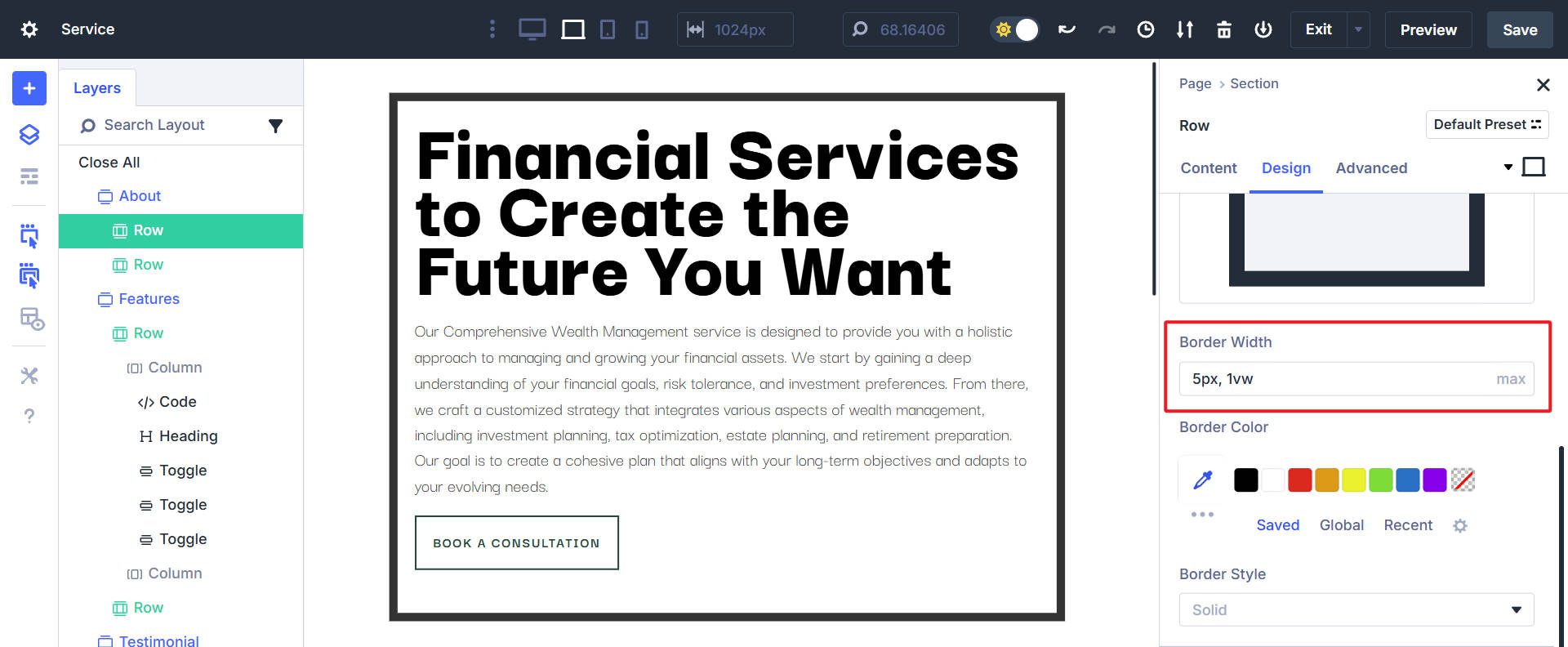 Divi UI의 테두리 너비에서 최대 () 설정