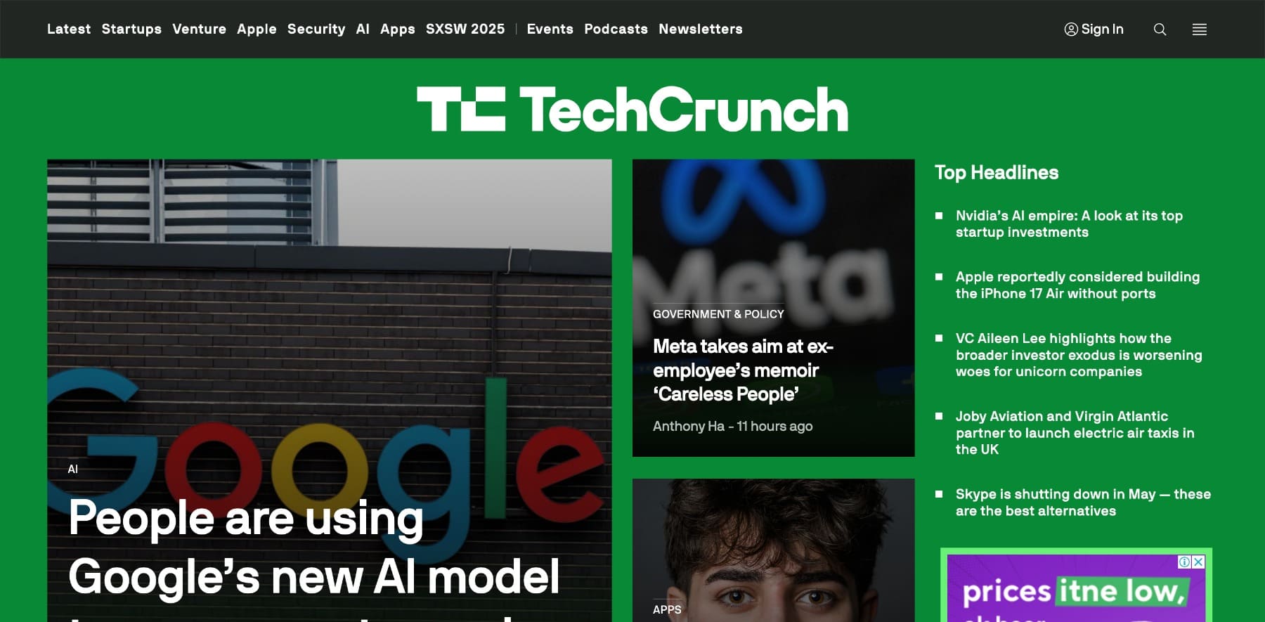 Exemplo de site do TechCrunch WordPress