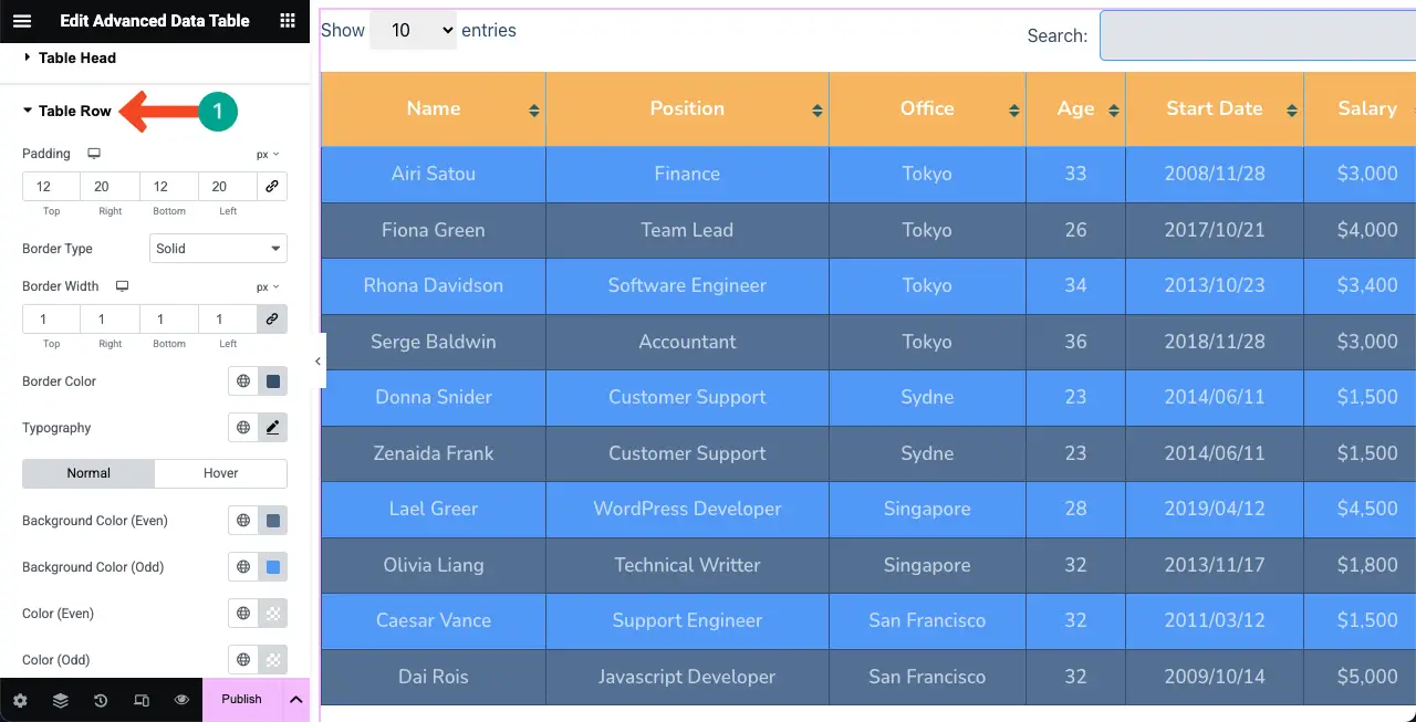 WordPress 테이블에 Google 시트를 포함시키고 정렬 가능한 22 Stylize the Table Row