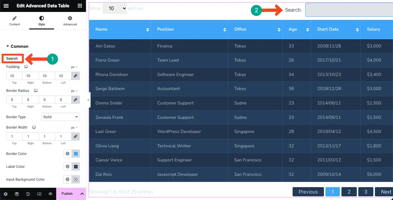 WordPress 테이블에 Google 시트를 포함시키고 정렬 가능한 18 Stylize the search box