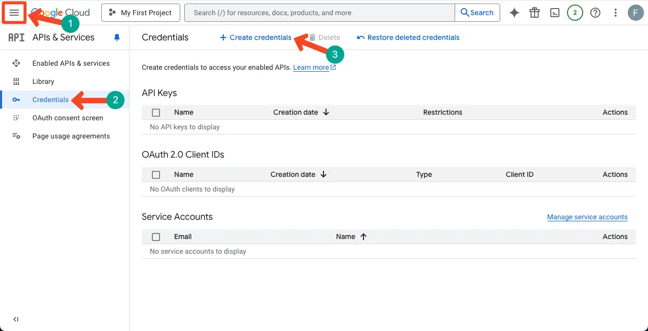 WordPress 테이블에 Google 시트를 포함시키고 정렬 가능한 6 Go to Google Cloud Credentials