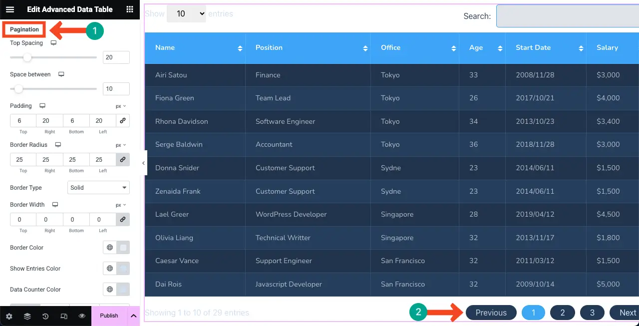 WordPress 테이블에 Google 시트를 포함시키고 정렬 가능한 19 Stylize the table pagination