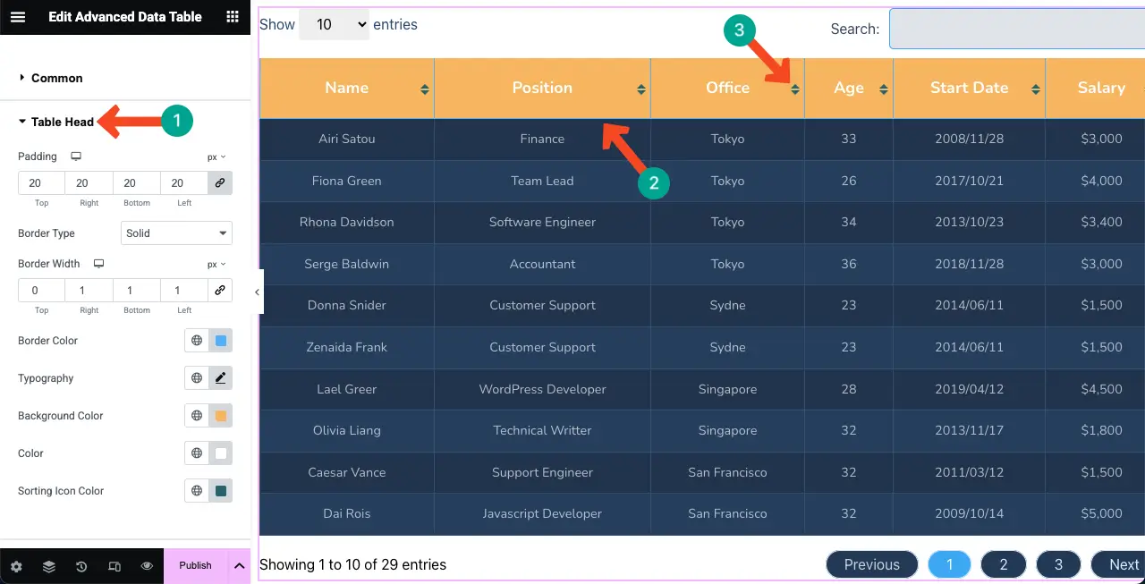 WordPress 테이블에 Google 시트를 포함시키고 정렬 가능한 21 Stylize the Table Head