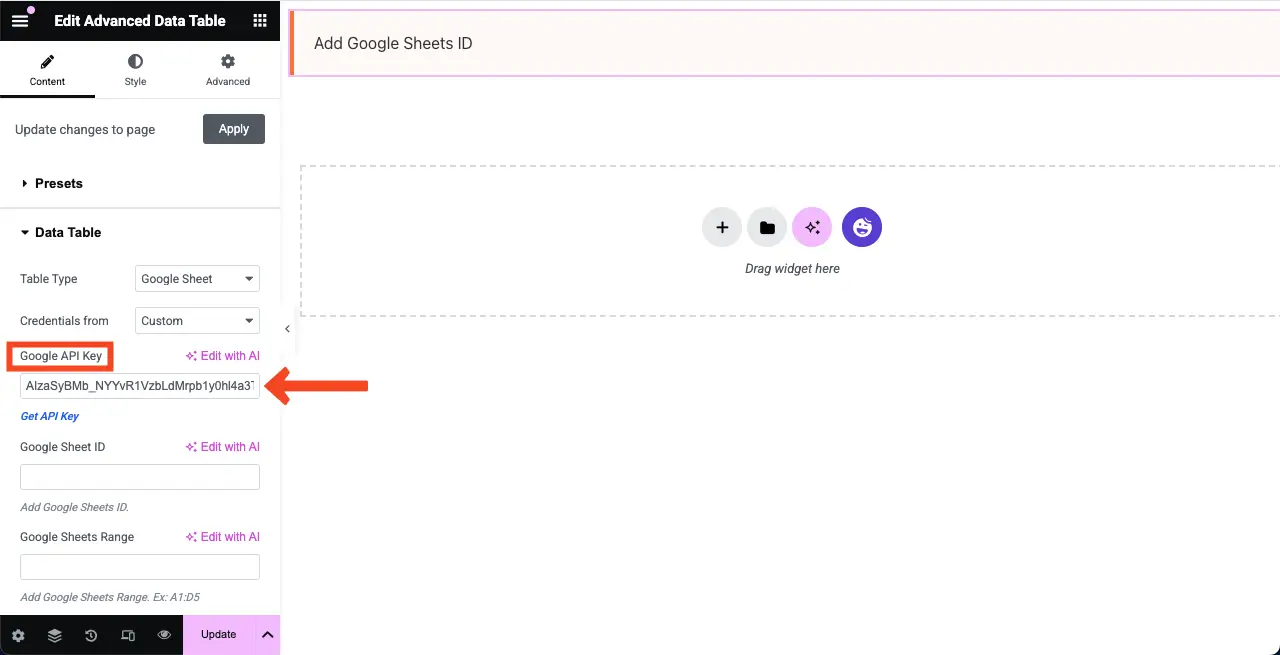 WordPress 테이블에 Google 시트를 포함시키고 정렬 가능한 방법 9 Place the Google API key to Elementor