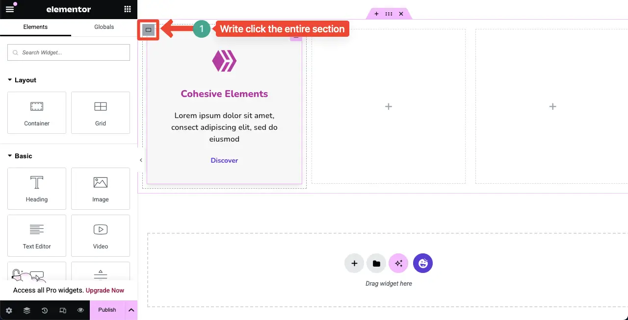 如何使用Elementor 18在WordPress中创建功能框 Select the entire feature box to duplicate it
