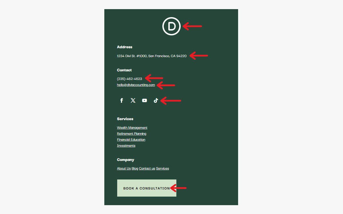Webサイトフッターの例 - これらはすべてDivi Design変数にすることができます