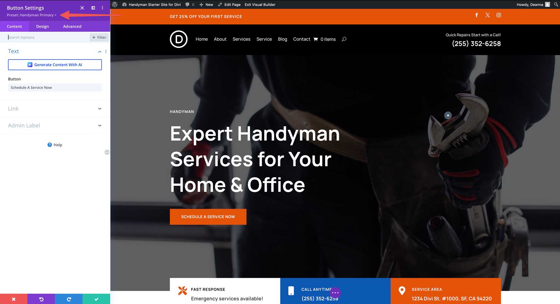 Handwerker Starter Site für Divi