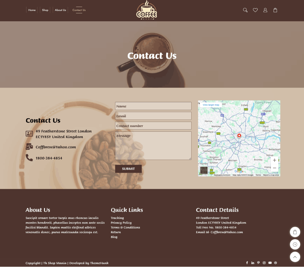 Nou șablon de site-uri pentru cafenea (instalare cu un singur clic) 5 coffee shop contact us page