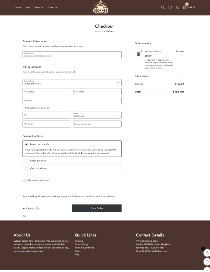 Nou șablon de site-uri pentru cafenea (instalare cu un singur clic) 8 checkout page coffee shop 1 edited