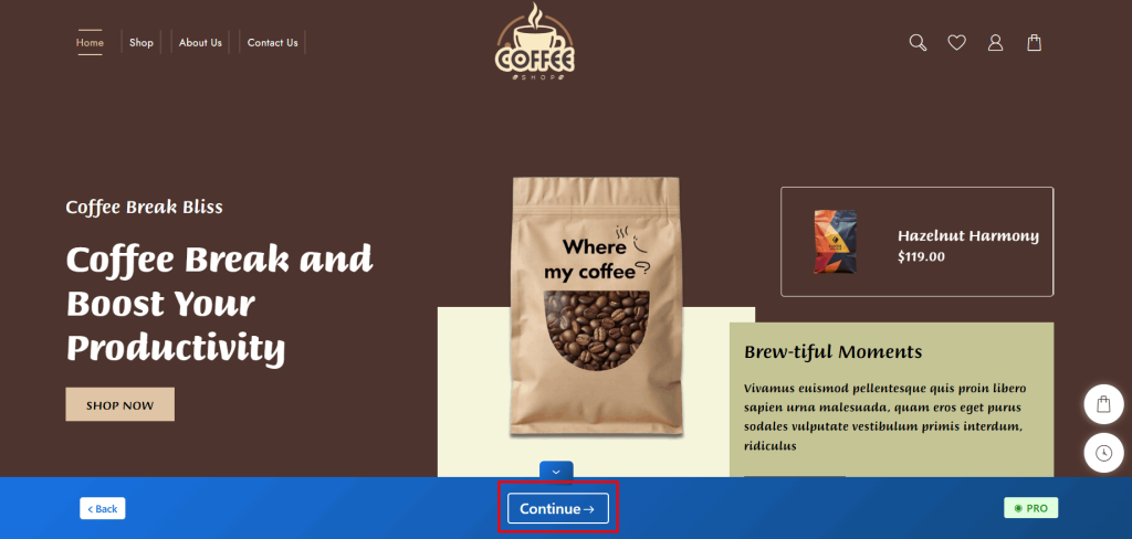 Nou șablon de site-uri pentru cafenea (instalare cu un singur clic) 23 coffe store continue