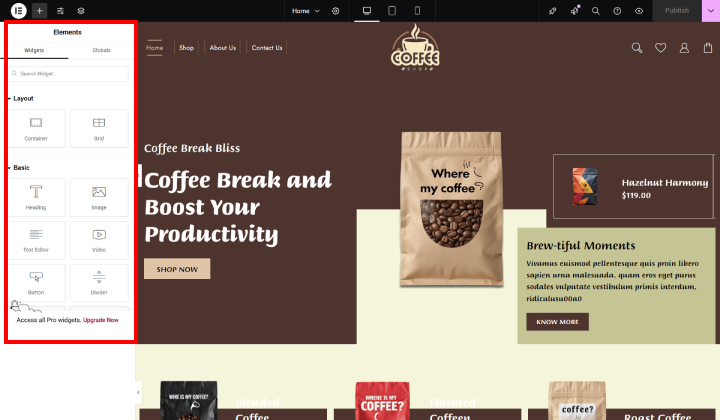 Nou șablon de site-uri pentru cafenea (instalare cu un singur clic) 27 coffee shop elementor page