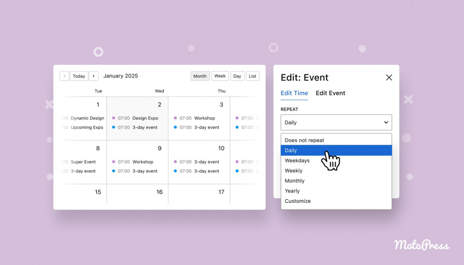 Une image de l'interface du plugin WordPress avec des événements récurrents.