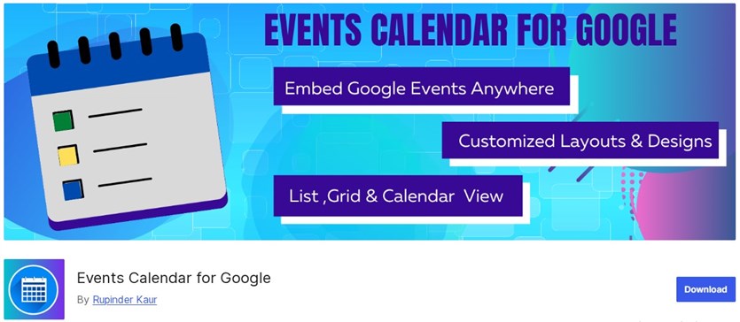 Capture d'écran du calendrier des événements du site officiel du plugin Google.