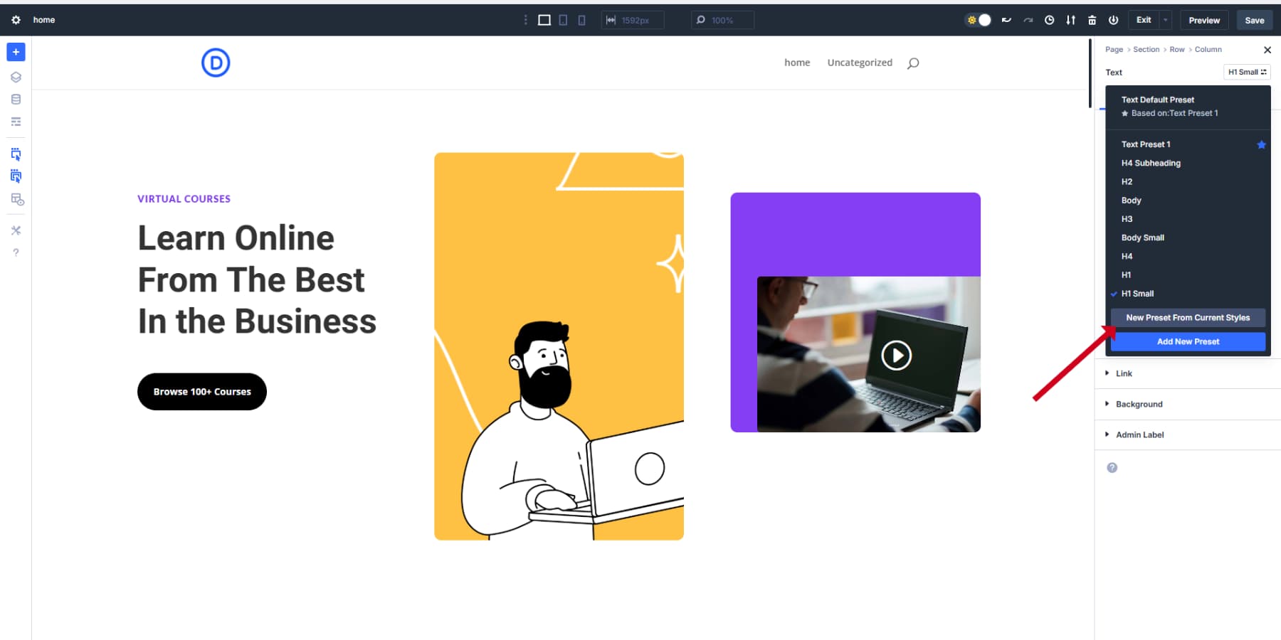Ein Screenshot, wie man ein neues Element auf Divi 5 voreinstiert