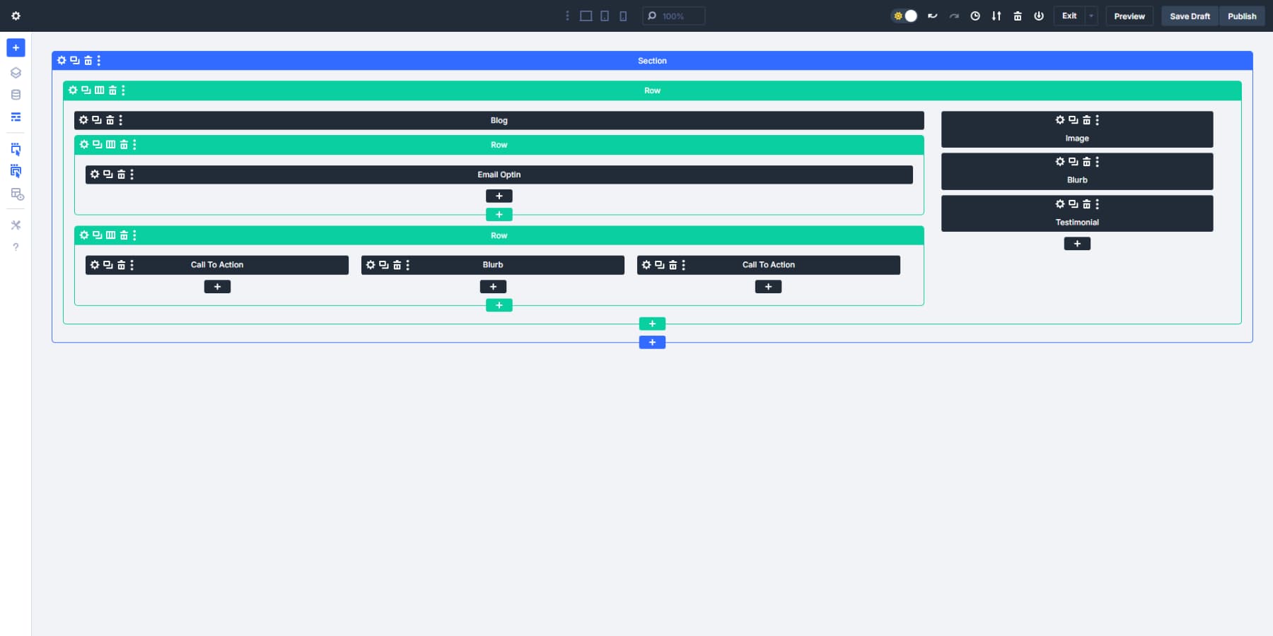 Ein Screenshot eines relativ komplizierten Layouts in Divi 5 erzeugt mit nestablen Zeilen leicht