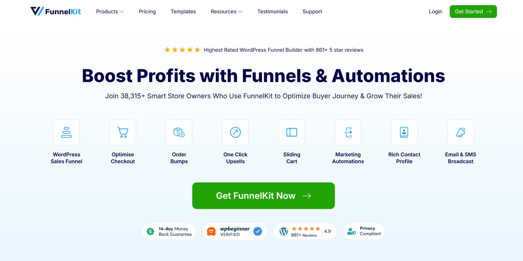 Funnelkit主頁的屏幕截圖
