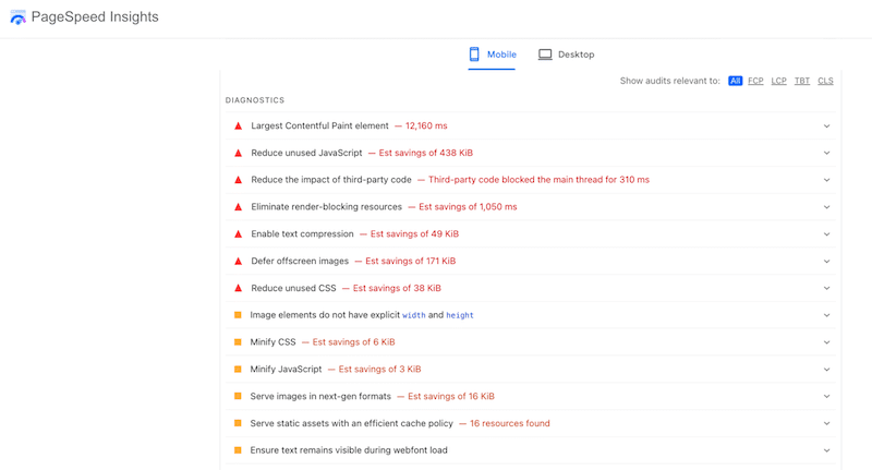 Esempio di una sezione diagnostica di Google PSI - Fonte: Pagespeed Insights