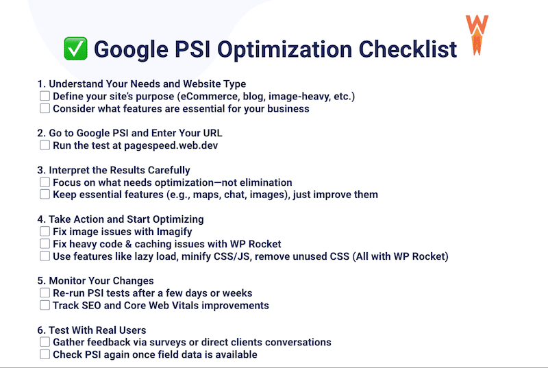 Elenco di controllo dell'ottimizzazione di Google PSI - Fonte: WP Rocket