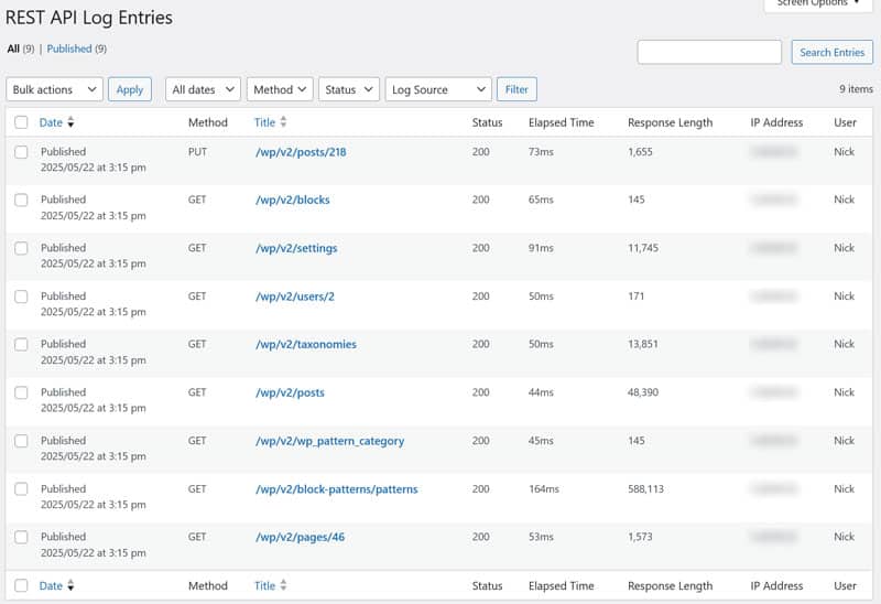 WordPress REST API请求日志