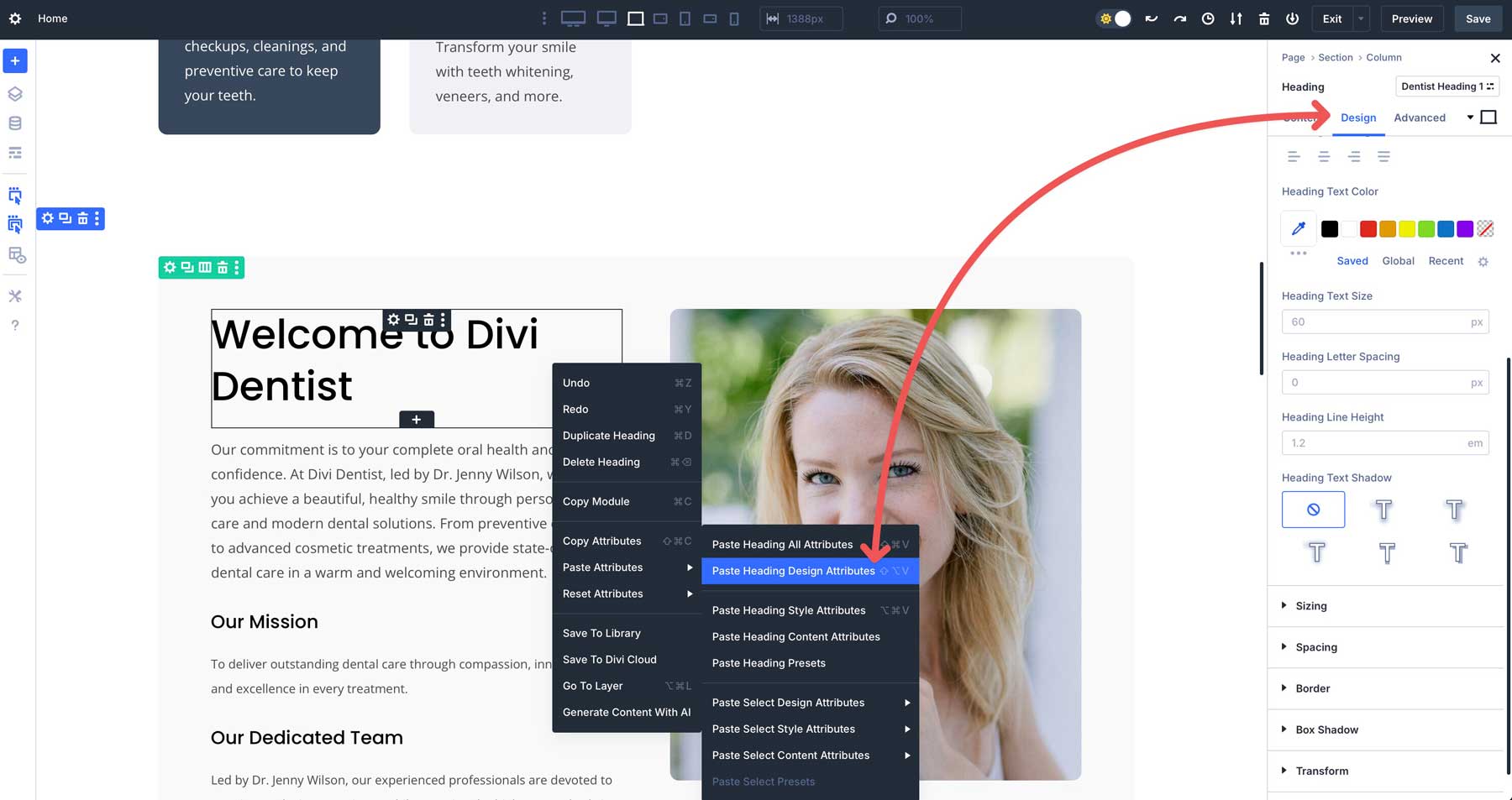 Atributos de diseño de pasta en Divi 5