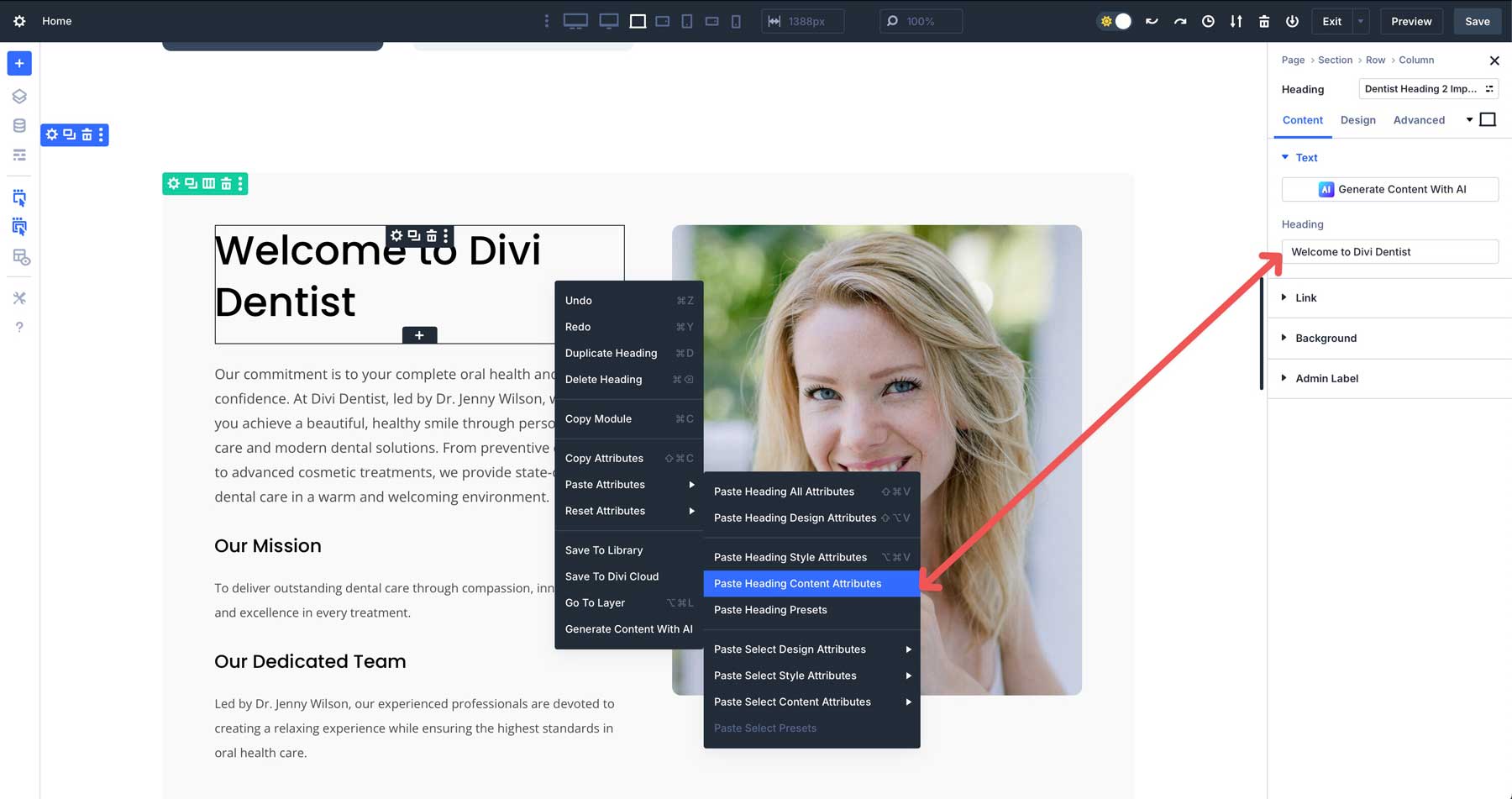 Pegar atributos de contenido en Divi 5