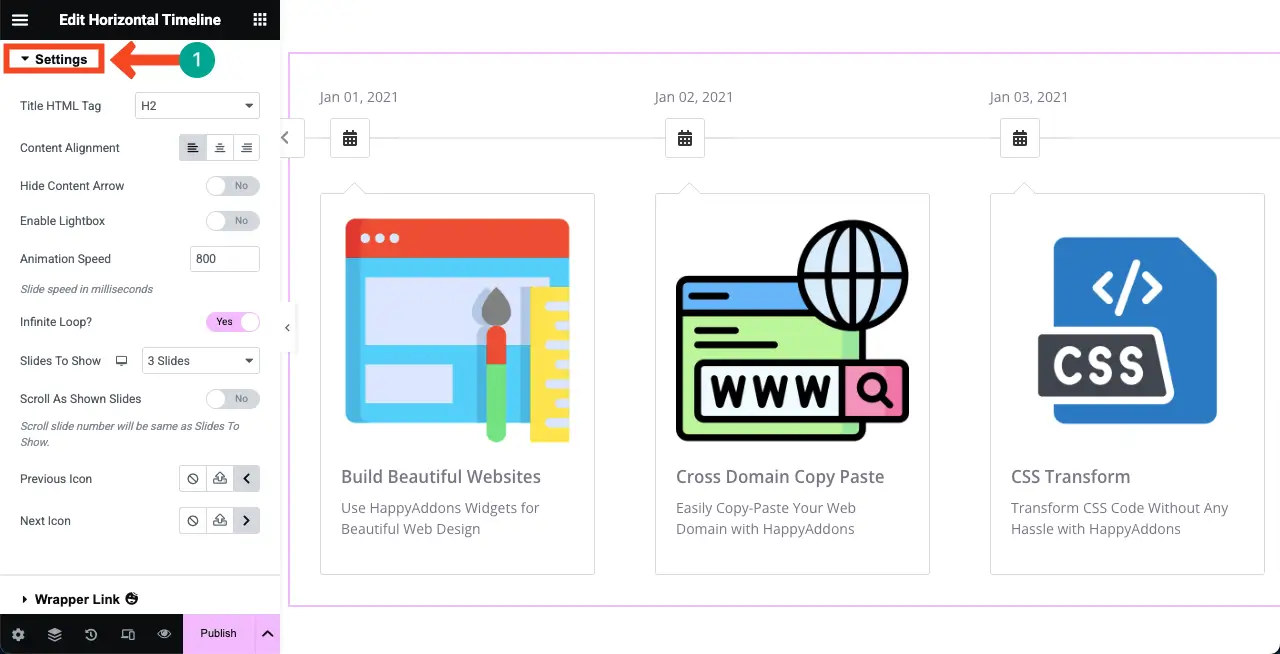 Configure Settings for the Horizontal Timeline Widget