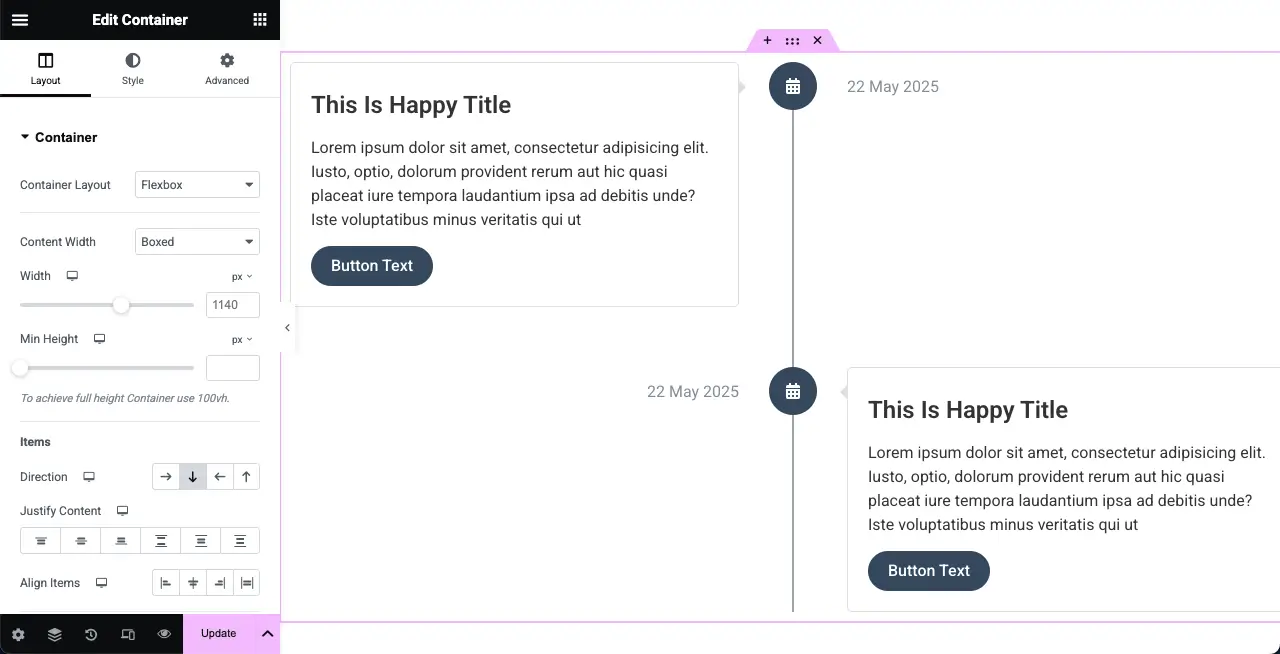 Timeline widget is added to the Elementor canvas
