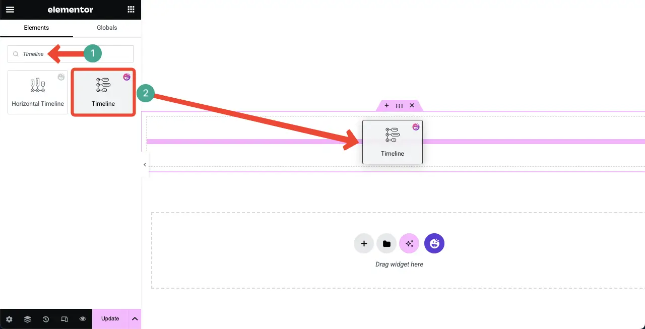 Drag-and-Drop the Timeline Widget to the Elementor Canvas