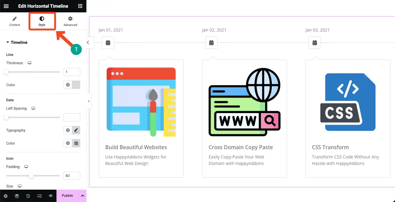 Go to the Style tab of the Horizontal Timeline widget