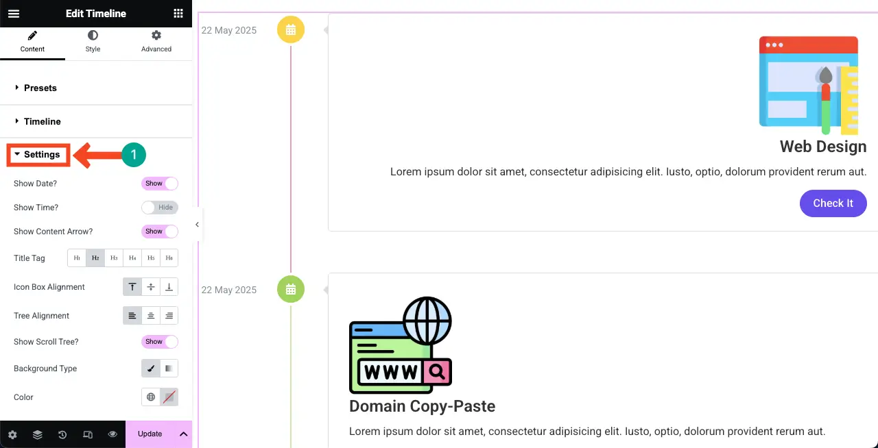 Configue Settings for the Verticle Timeline Widget