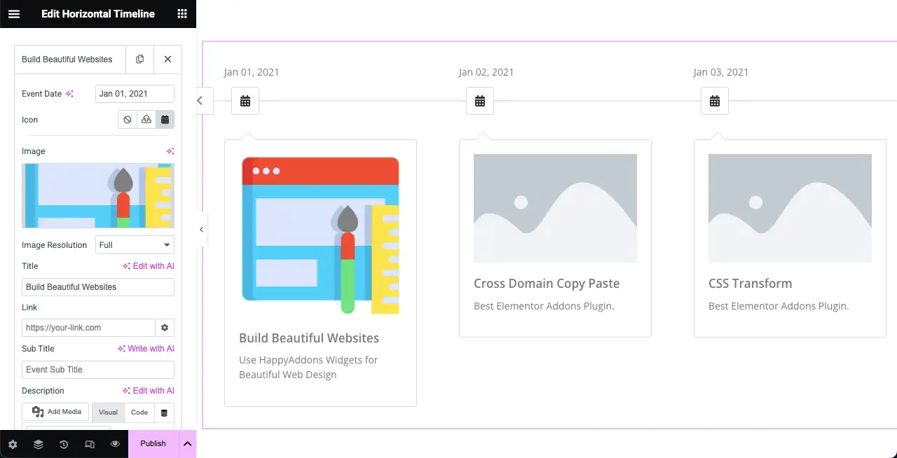 Content added to the horizontal timeline tab