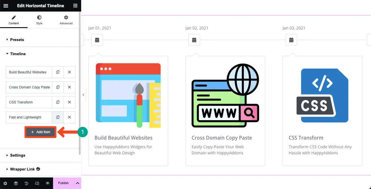 Add new tabs to the horizontal timeline widget