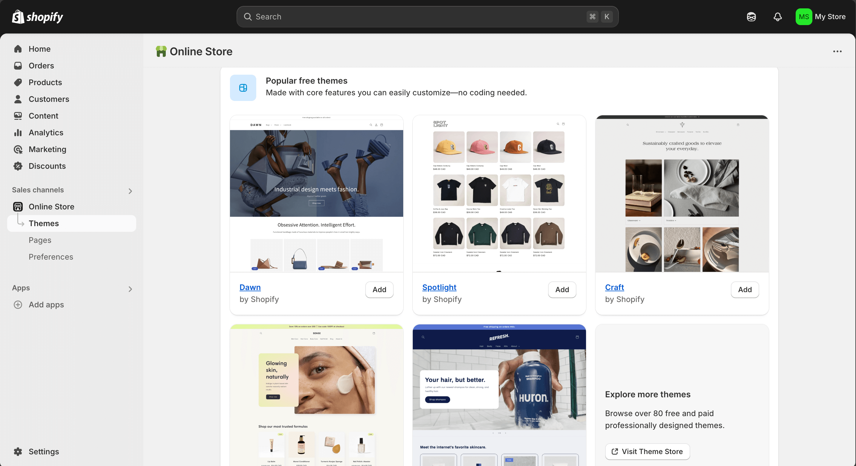 هذه لقطة شاشة لموضوعات Shopify