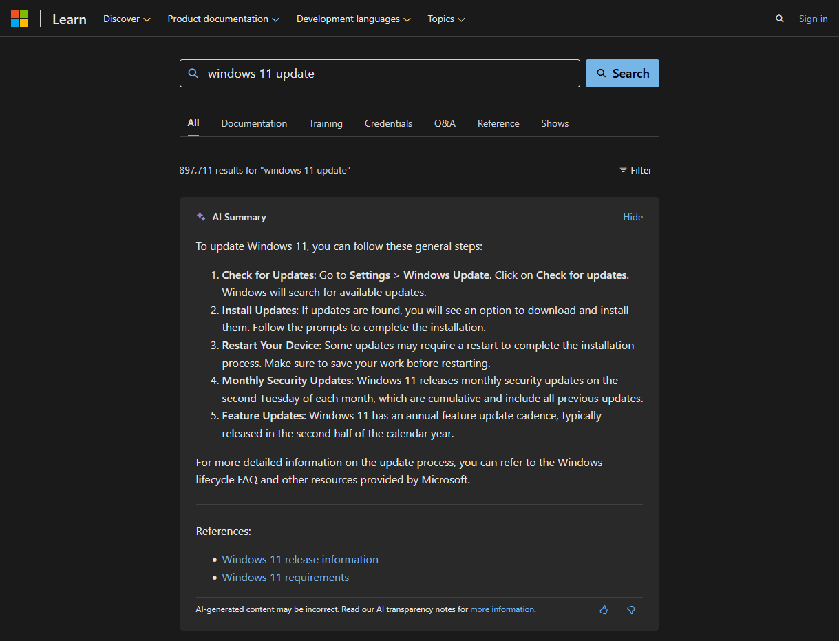 Example of Microsoft using AI in their knowledge base