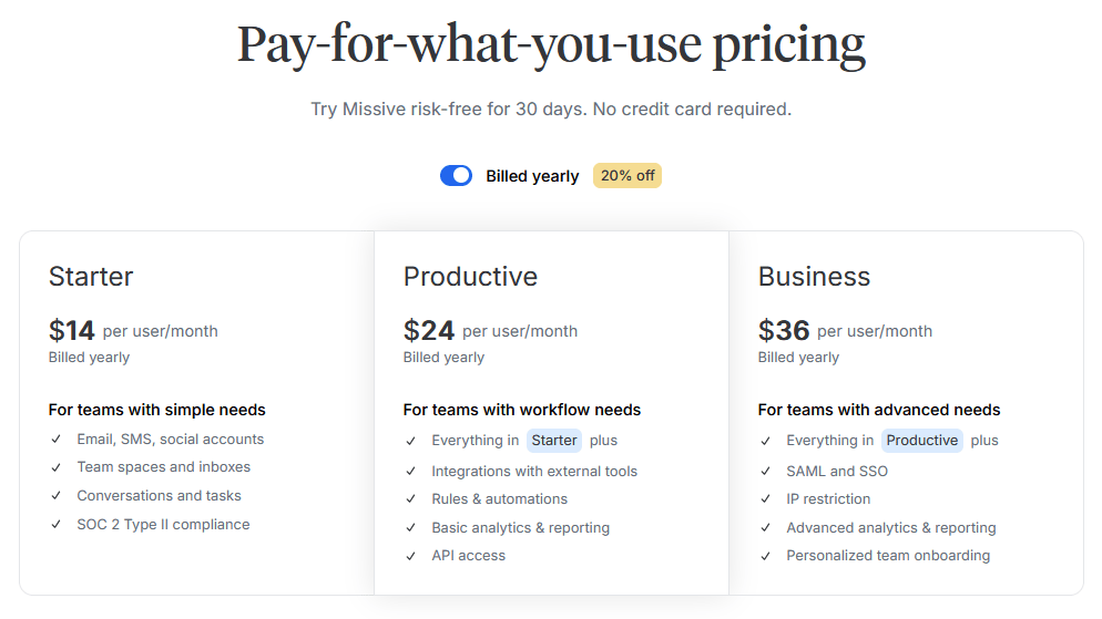 Missive pricing