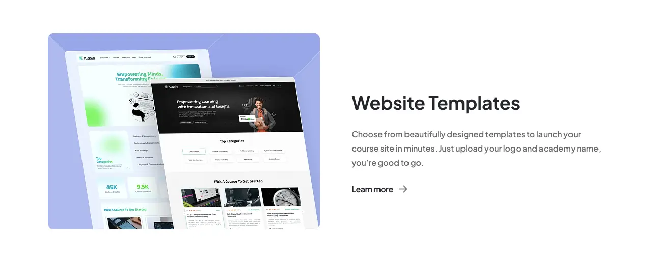 Klasioの紹介:コースクリエイター4の初心者向けLMS 4 Klasio web templates